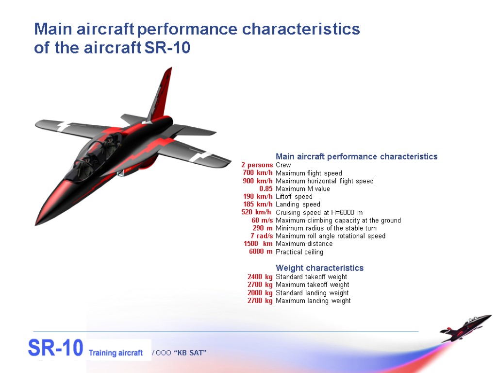 / OOO “KB SAT” Main aircraft performance characteristics of the aircraft SR-10 Main aircraft